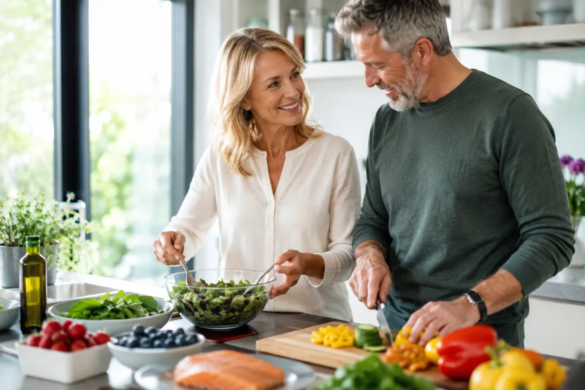 A couple preparing a colorful vegetable-rich meal together, everyday nutrition supporting long-term health